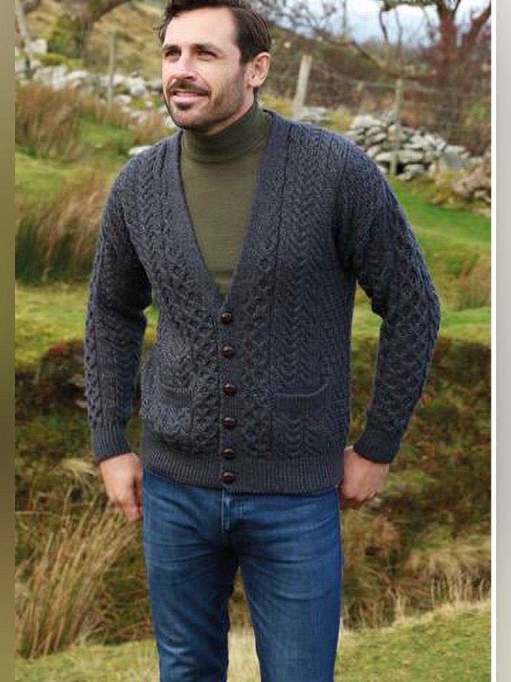 Men's Dark Charcoal Cable Knit Cardigan Sweater - Button Front